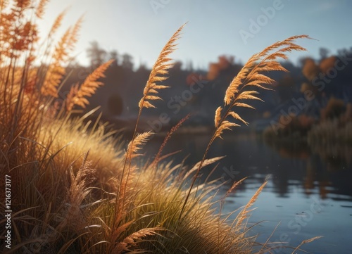 A lone reed sways gently in the autumn breeze , reed, leafy greens