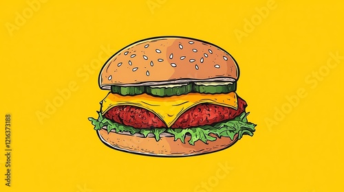 Delicious Juicy Burger illustration, appetizing fast food,  hand-drawn burger, sesame bun, cheese, lettuce, tomato, pickles,  mouthwatering burger art, vibrant yellow background photo