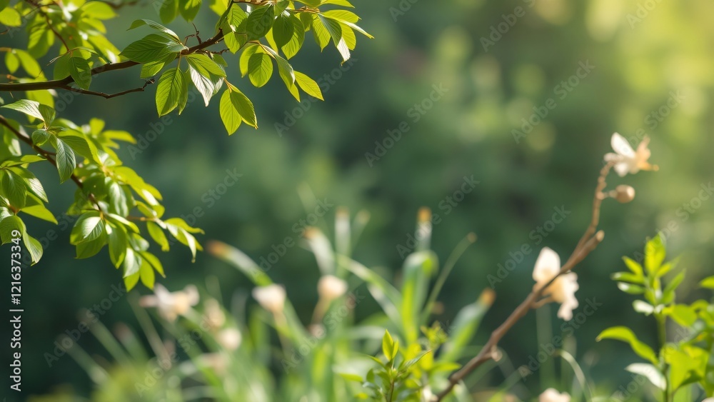 Lush Green Spring Foliage with Soft Sunlight and Delicate Blossoms Lush Green Spring Foliage with Soft Sunlight and Delicate Blossoms