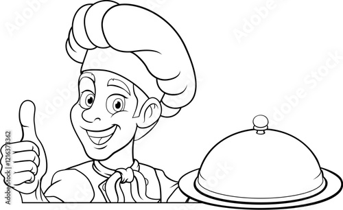 A chef or baker cartoon cook peeking around a sign or menu with copyspace. Giving a thumbs up and holding a platter plate or tray with cloche, mascot character illustration