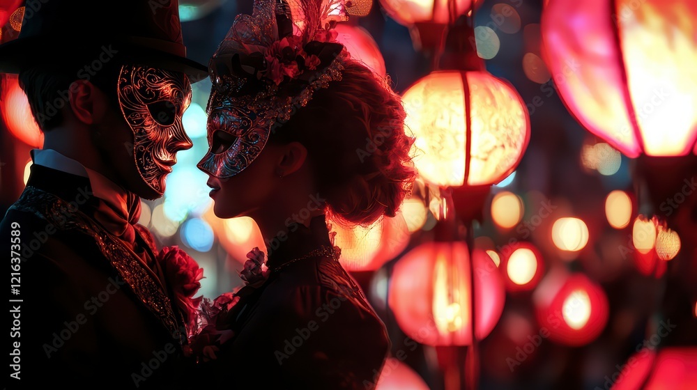 Masquerade Romance: A captivating couple, adorned in elegant masquerade attire, share an intimate moment amidst a dazzling array of glowing red lanterns. Masquerade Romance: A captivating couple, adorned in elegant masquerade attire, share an intimate moment amidst a dazzling array of glowing red lanterns.