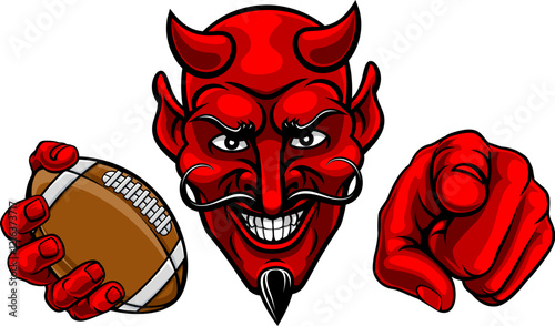 A devil man holding American football ball and pointing sports team mascot illustration.