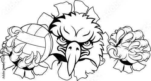 An eagle or hawk bird volleyball animal sports mascot holding a volley ball in his claw