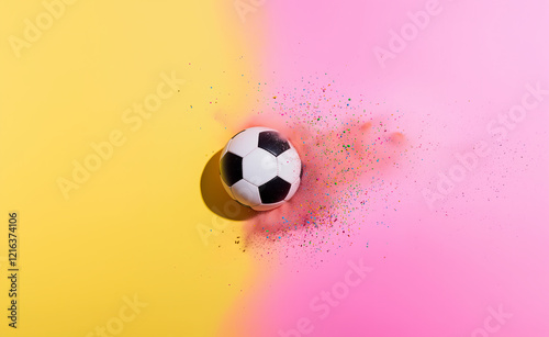 Soccer ball rolling across a vibrant background with colorful powder explosion in a playful atmosphere