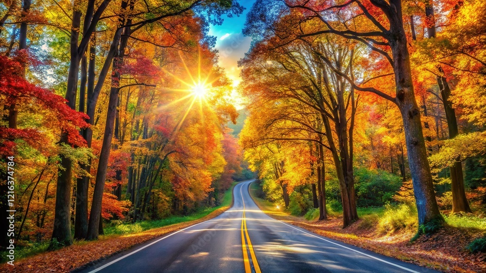 Obraz premium Scenic Country Road Through Woods - Vibrant Colors, Deep Mood