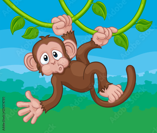 A monkey cartoon character singing on jungle vines and waving