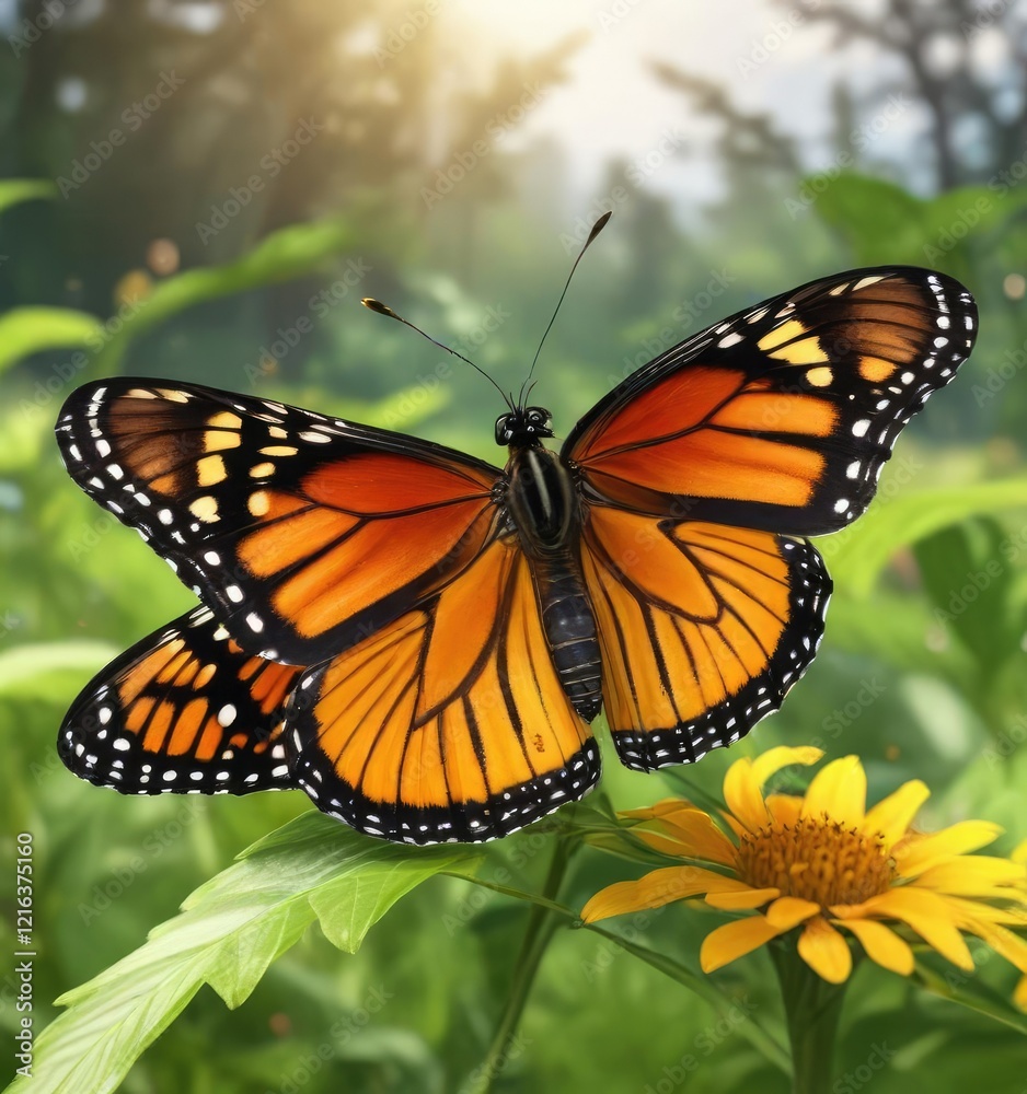Fototapeta premium a monarch butterfly perched on a leaf in a vibrant meadow, outdoor, monarch butterfly