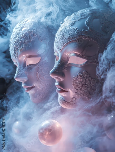 Masquerade Mystery: A pair of ornate Venetian masks, their faces hidden behind delicate lace and intricate carvings, gaze enigmatically through a veil of ethereal blue smoke.   photo