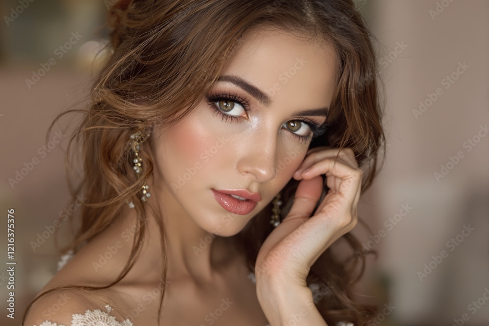 Portrait of beautifully looking young brown haired woman dressed in a delicate evening makeup.Perfect model straightly gazing by tender look at the viewer. Beauty elegance hairstyling. Portrait of beautifully looking young brown haired woman dressed in a delicate evening makeup.Perfect model straightly gazing by tender look at the viewer. Beauty elegance hairstyling.