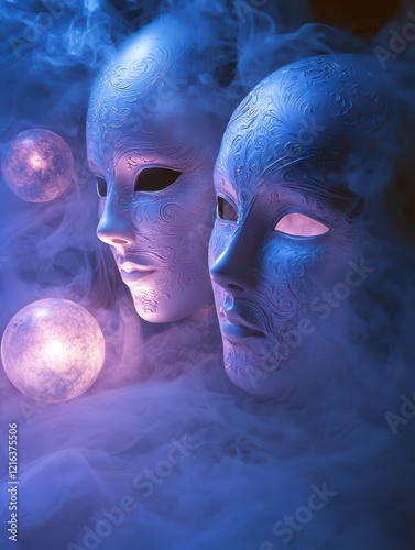 Masquerade in Smoke: Two theatrical masks, bathed in ethereal blue light, emerge from a wispy cloud of smoke, hinting at secrets and hidden identities.
