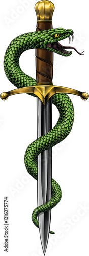 A dagger knife with snake wrapped around it in a vintage woodcut engraved etching tattoo illustration style