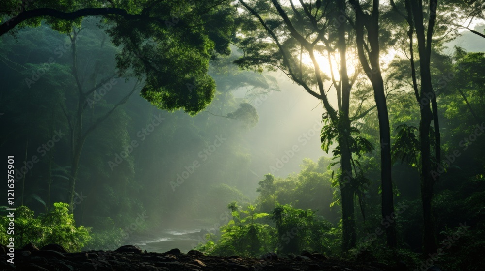 Obraz premium Sunlight filters through dense rainforest foliage, creating a tranquil atmosphere during the early morning hours