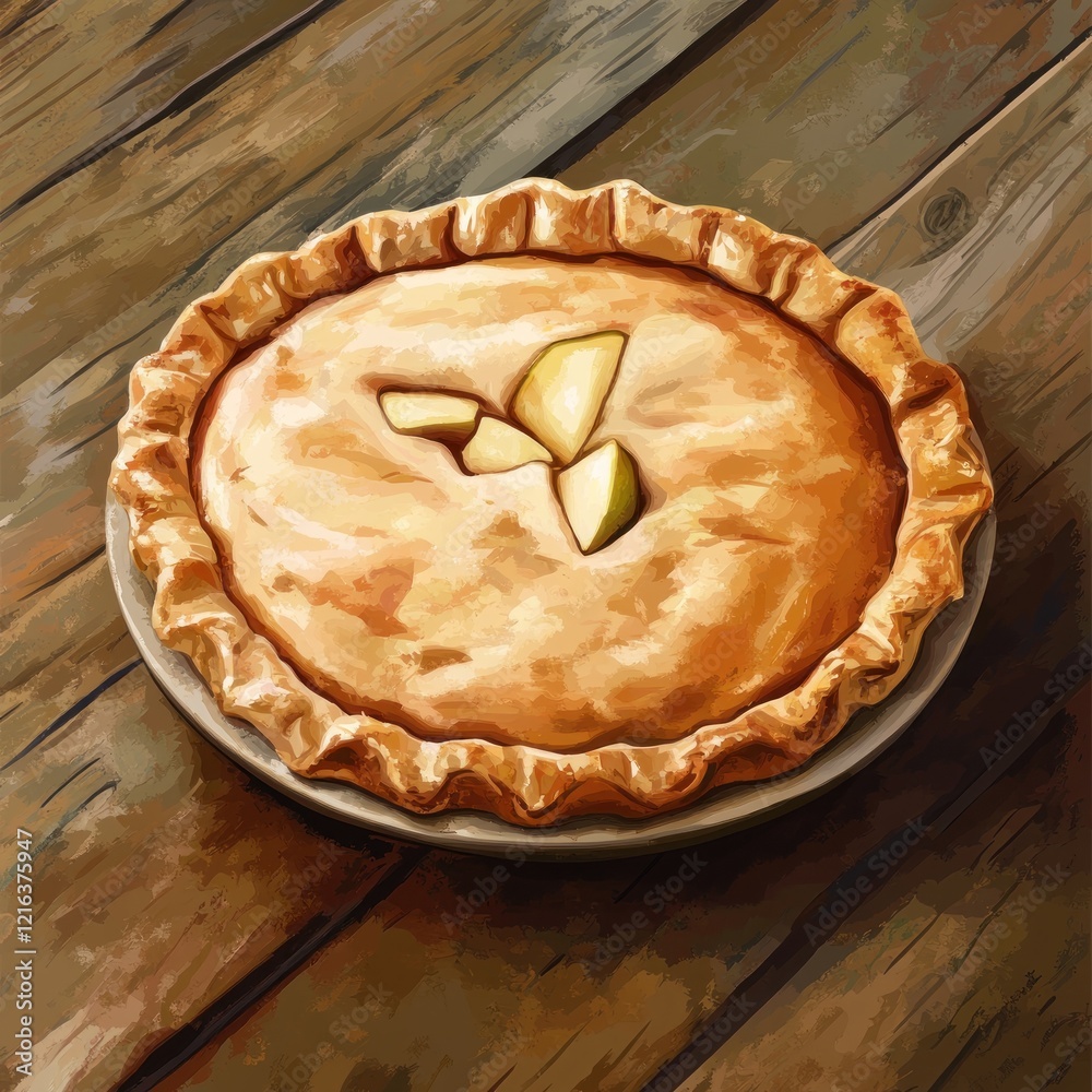 Delicious apple pie on wooden table, rustic kitchen background, food photography Delicious apple pie on wooden table, rustic kitchen background, food photography