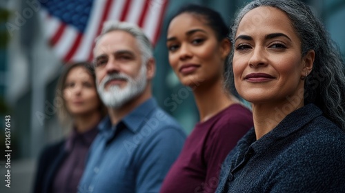 Confident diverse team outdoors, US flag