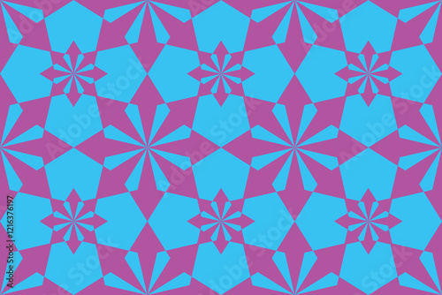 Seamless geometric pattern with a vibrant combination of blue and purple. The design features intricate, symmetrical star-like and angular shapes, creating a visually striking and dynamic texture. 