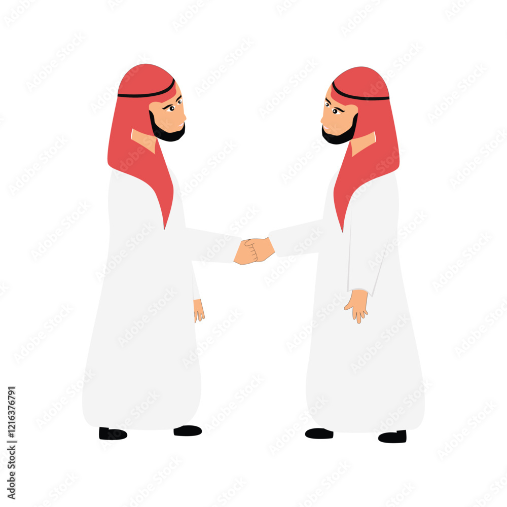 Muslim character men shaking hands, wearing Muslim Arabic style clothes, Ramadan Eid al-Fitr design concept Muslim character men shaking hands, wearing Muslim Arabic style clothes, Ramadan Eid al-Fitr design concept