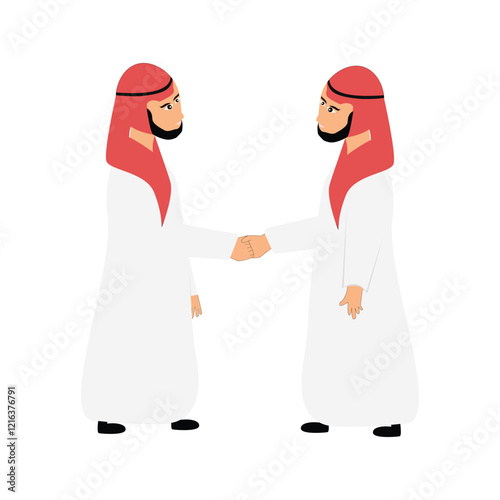 Muslim character men shaking hands, wearing Muslim Arabic style clothes, Ramadan Eid al-Fitr design concept