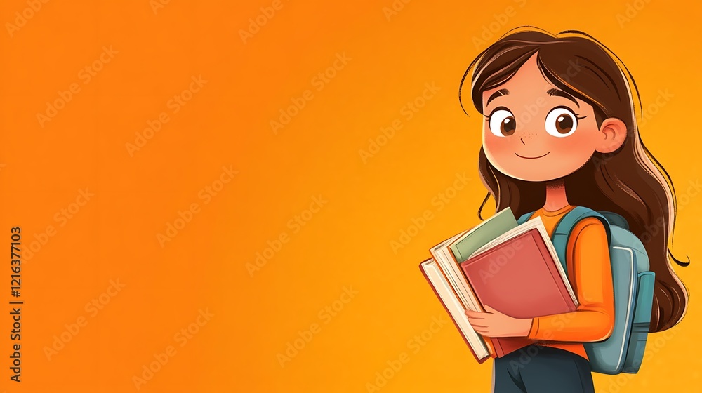 Back to School: Happy Girl with Books and Backpack Back to School: Happy Girl with Books and Backpack