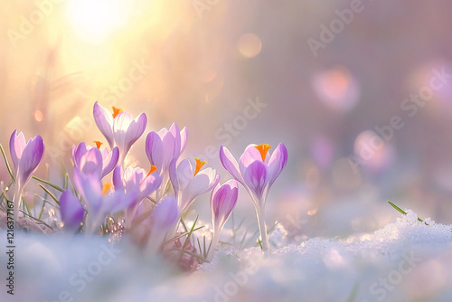 Purple crocus spring flowers blooming between snow during late winter or early spring with sun in background