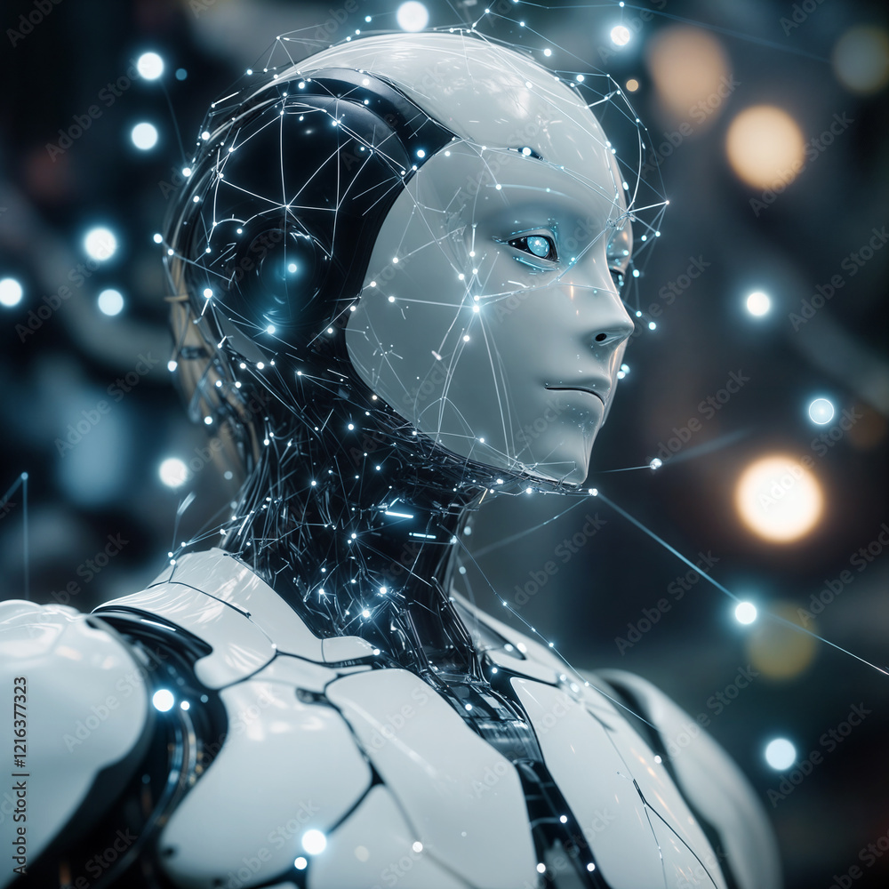 Futuristic robot with illuminated features amidst a digital backdrop showcasing advanced technology elements Futuristic robot with illuminated features amidst a digital backdrop showcasing advanced technology elements