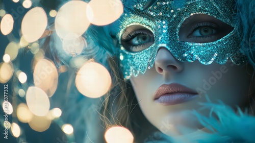 A woman's face is partially obscured by an ornate, teal masquerade mask, her gaze captivating amidst a bokeh of warm lights, creating a mysterious and alluring atmosphere. photo