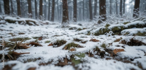 A snow-covered forest floor with a single snowflake falling from the sky, snowy woods, peaceful scene, icy