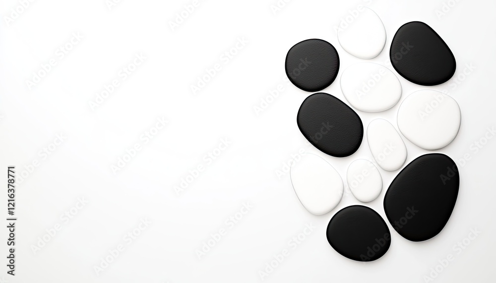 A serene arrangement of black and white pebbles on a minimalist background, evoking tranquility and balance A serene arrangement of black and white pebbles on a minimalist background, evoking tranquility and balance