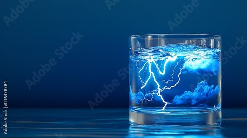 Creative glass of water with striking lightning and clouds captured on a dark blue background