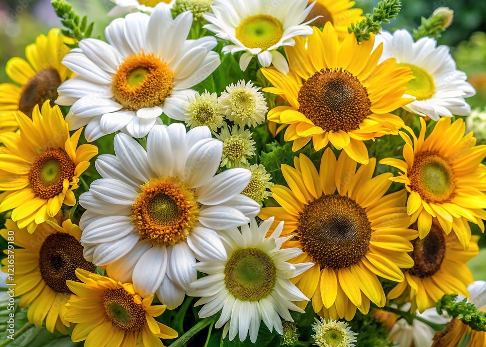 Fototapeta premium White daisies, yellow sunflowers: an AI-designed floral art piece.