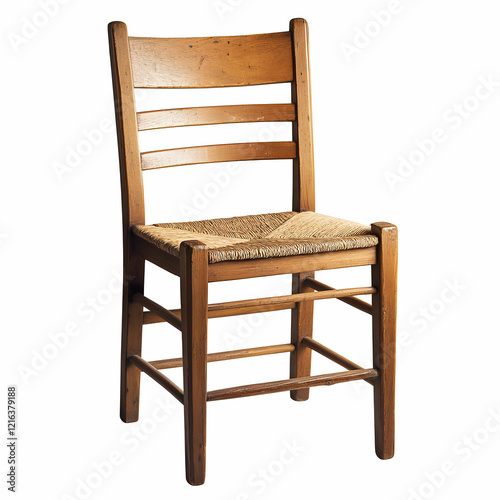 A classic wooden ladderback chair with woven seat, isolated on a clean white background, showcasing its timeless design photo