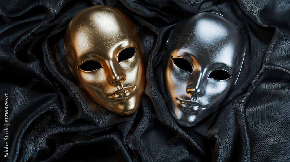 Gold and Silver Masks on Black Silk: Two theatrical masks, one gold and one silver, rest on luxurious black silk, creating a dramatic and enigmatic image. Gold and Silver Masks on Black Silk: Two theatrical masks, one gold and one silver, rest on luxurious black silk, creating a dramatic and enigmatic image.