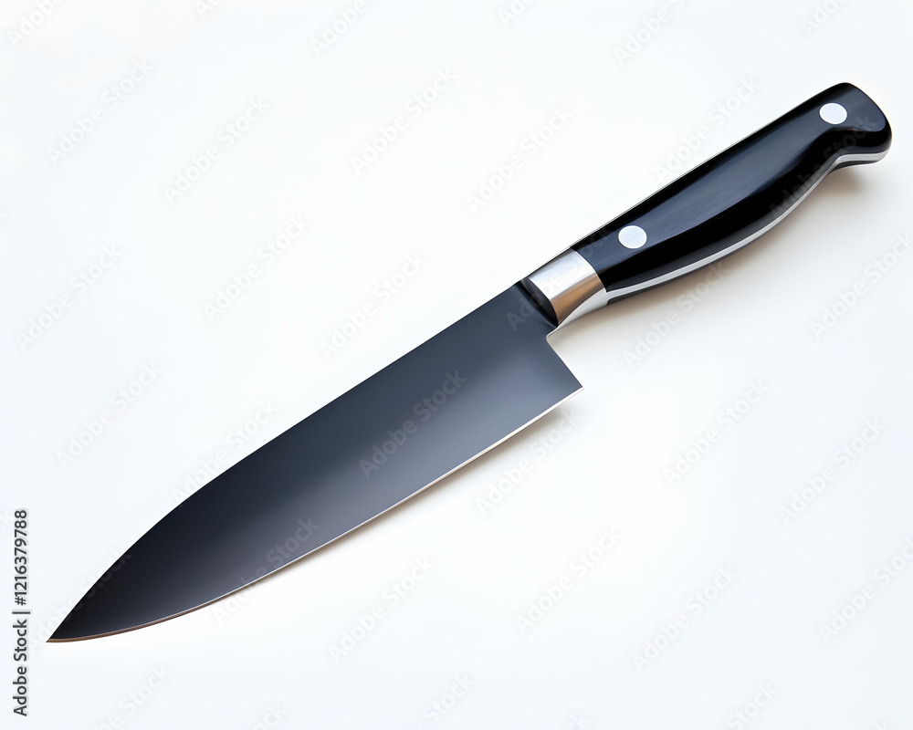 A classic black chef's knife with a sharp blade, isolated on a clean white background A classic black chef's knife with a sharp blade, isolated on a clean white background