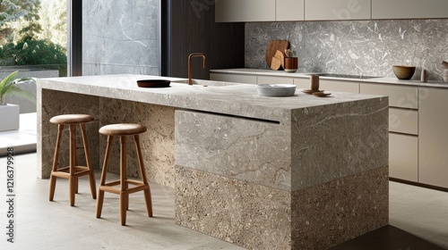 Modern Kitchen Island with Stone Countertop and Wooden Bar Stools