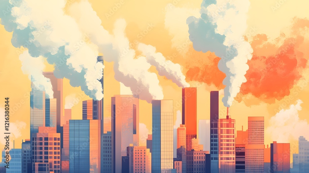 Fototapeta premium Smoky silhouettes of a city skyline against a vibrant sunset backdrop