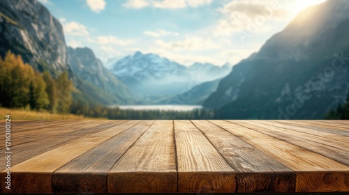 a wooden table with a mountain view in the background
