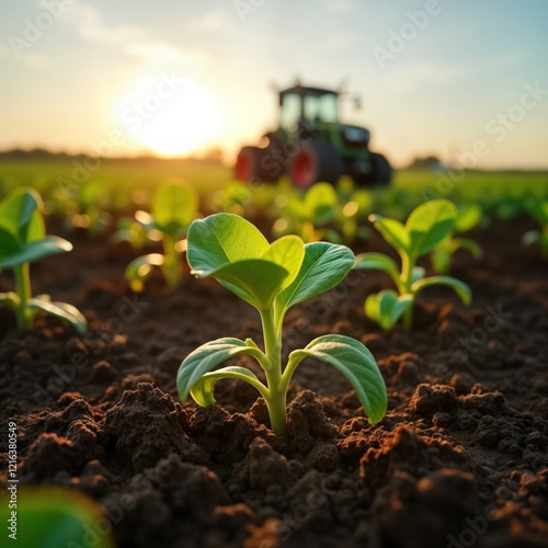 Young soybean sprouts emerge from dark rich soil. Sunlight shines on new leaves. Tractor blurred in background. Rural farming scene. Agricultural growth. Fresh new life. Springtime. Plant