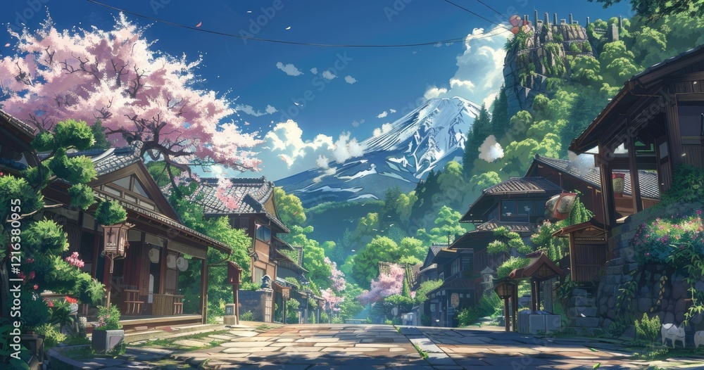 Obraz premium A serene village scene with cherry blossoms and a mountain backdrop.