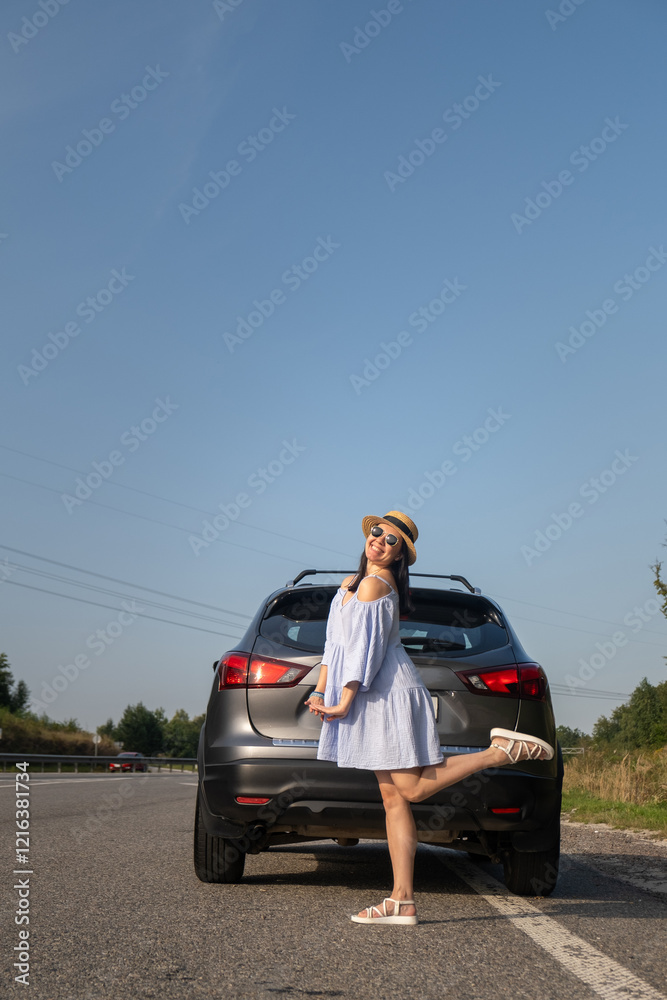 Cheerful Woman Posing by SUV on Sunny Day Cheerful Woman Posing by SUV on Sunny Day