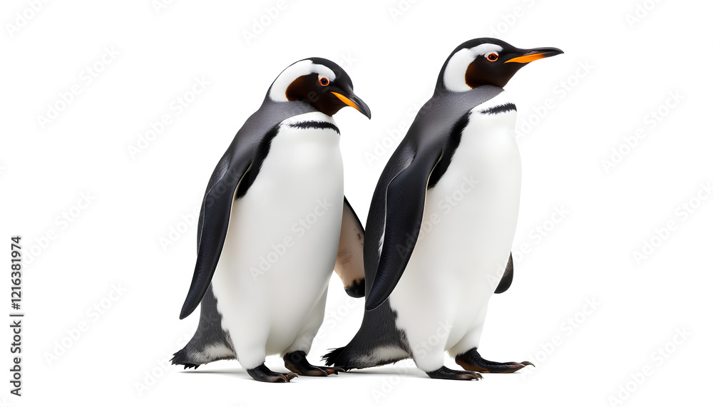 Obraz premium Two penguins isolated on white ice in a cold, snowy environment