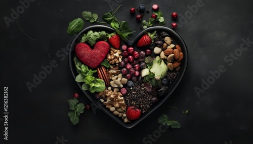 Heart-shaped plate filled with healthy foods like berries, nuts, and greens. photo