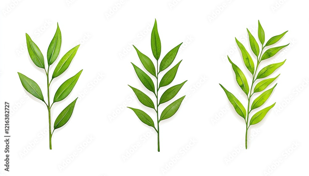 Naklejka premium Three varieties of green leaves arranged artistically on a white background, perfect for nature-themed designs