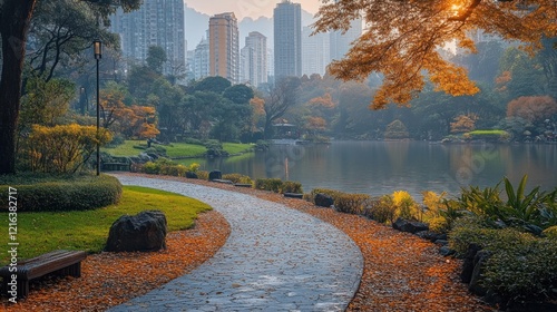 Autumn Serenity: Urban Park with Lake, Foliage, and City Skyline photo