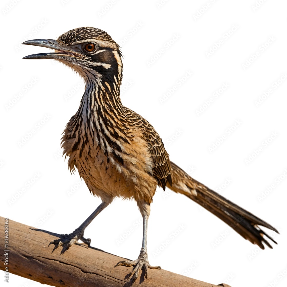 Obraz premium Roadrunner bird front view full body isolate on transparency background PNG. Collection of PNG. A Roadrunner Bird Standing, isolated on a transparency background.
