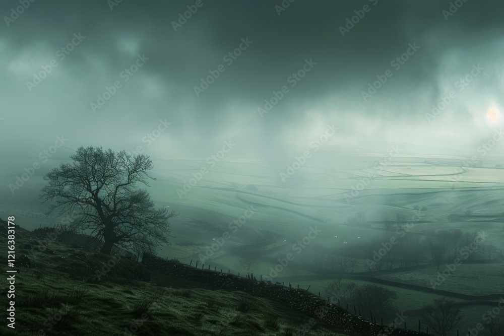 Fototapeta premium Fog covering green fields and trees in a valley with cloudy sky and a lonely tree in the foreground