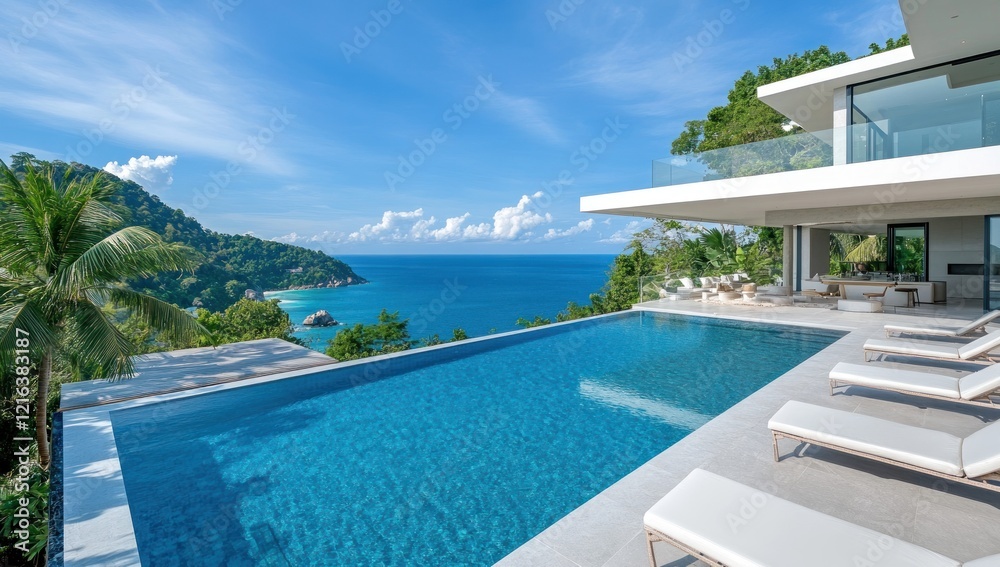 Fototapeta premium Luxury Cliffside Villa with Infinity Pool and Ocean View in Tropical Paradise