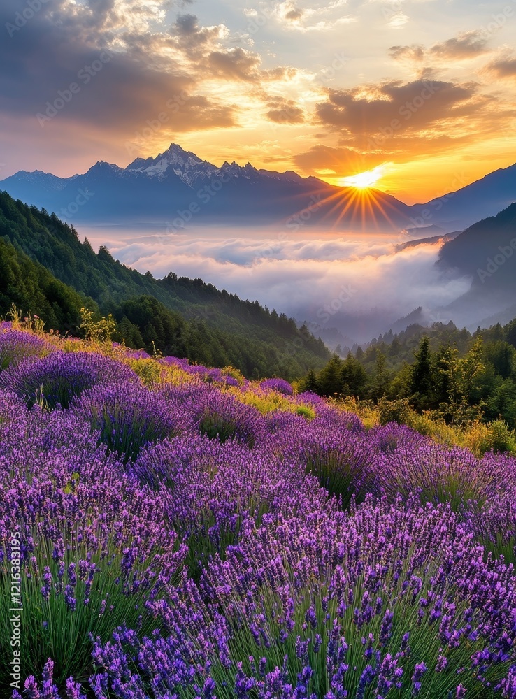 Sunrise over lavender fields and misty mountains. Sunrise over lavender fields and misty mountains.