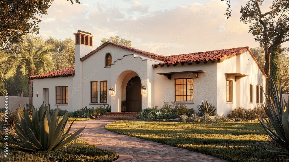 Beautiful Exterior of Adobe-Style Home During Sunset Beautiful Exterior of Adobe-Style Home During Sunset