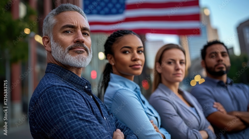 Fototapeta premium Diverse group, city street, US flag, unity