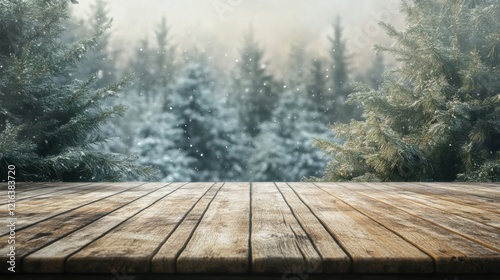 a wooden deck with a snowy forest in the background