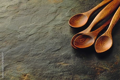 Wooden Spoons on Dark Stone Surface photo